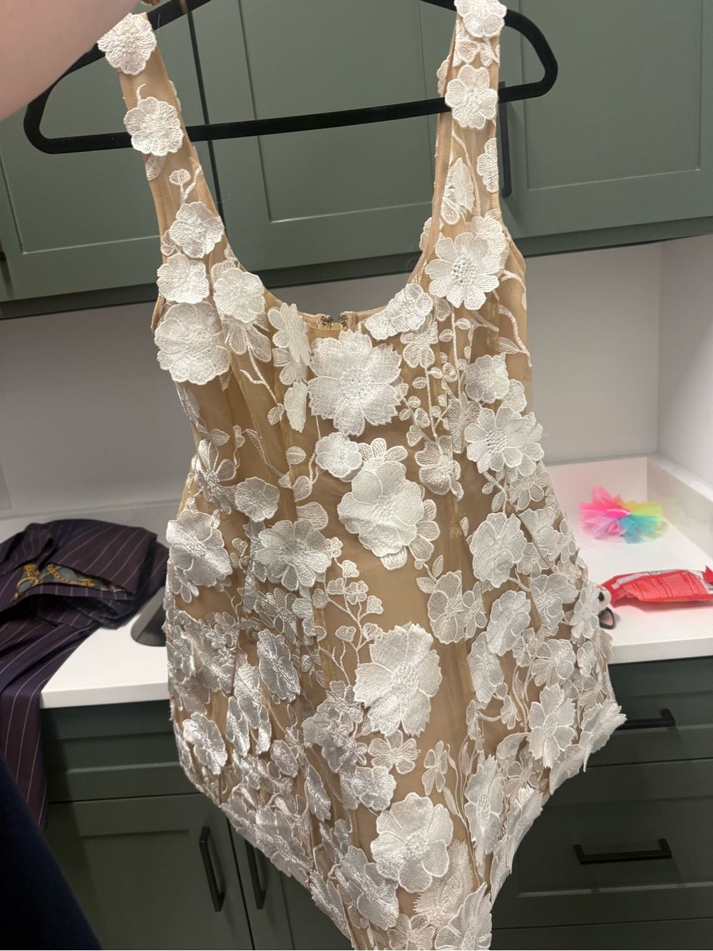 Bronx and Banco Nude Mini Dress with White Floral Appliqué Detail - Picture 4 of 5
